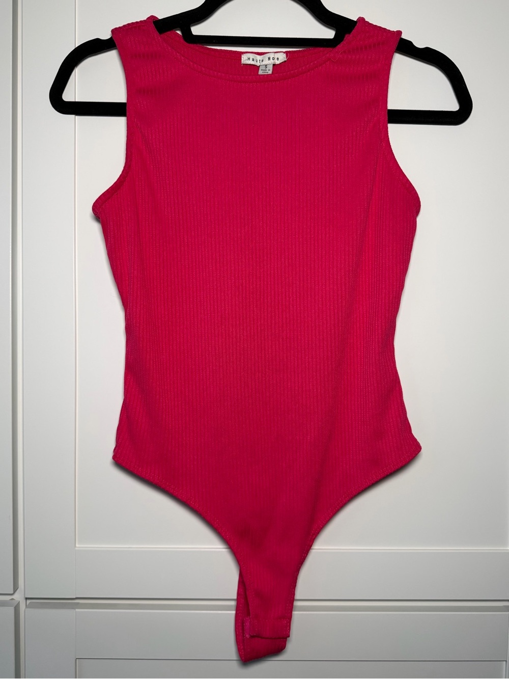 NWOT Haute Monde Neon Pink Ribbed Soft Comfy Bodysuit High Neck Top Preppy